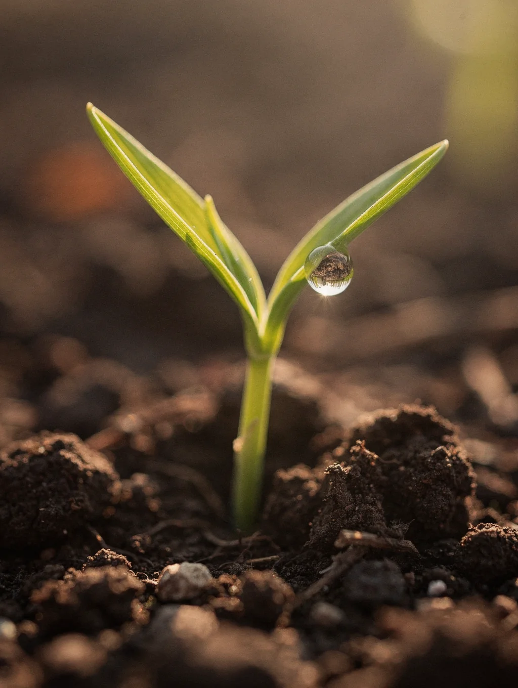 Macro photography of a young herb sprout in rich soil