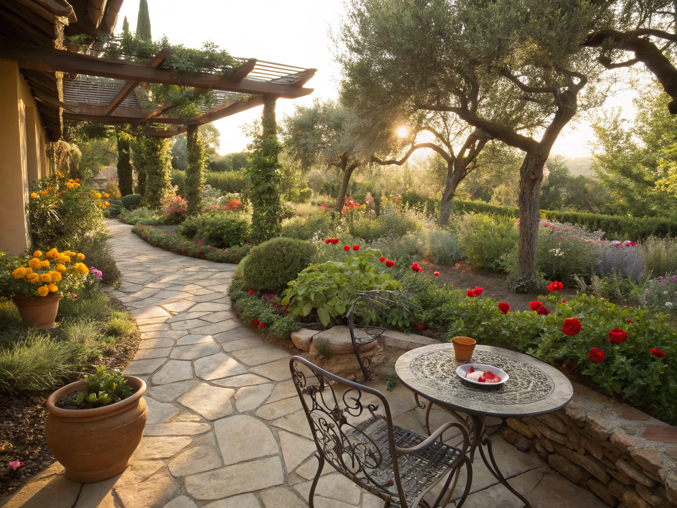 Sunlight filtering through garden foliage