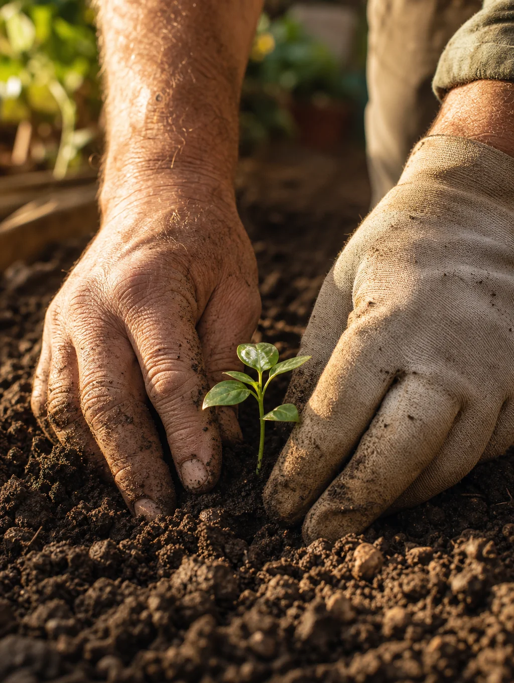 Gardener hands tending to soil and young herb plants