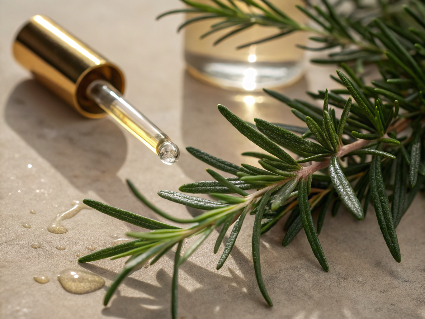 Macro shot of fresh rosemary leaves in sunlight