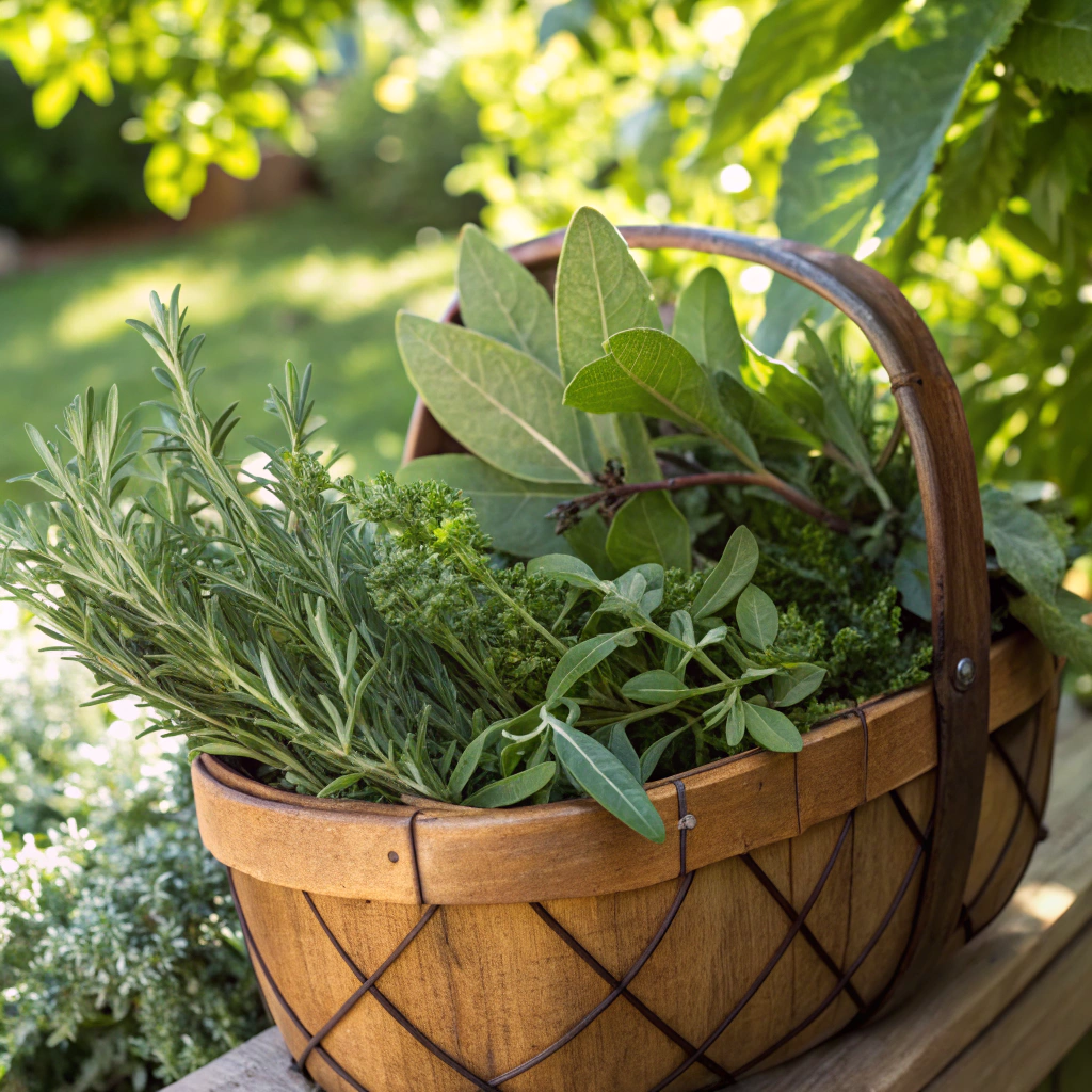 Basket of freshly harvested thyme